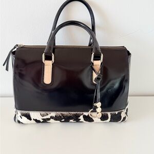 Made in Italy AB Asia Bellucci Black Patent Satchel Handbag with Cowhide Accent